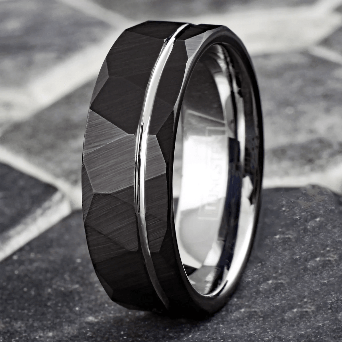 Two-Tone Tungsten Carbide Wedding Band Ring for Men & Women – Black & Silver Inner Band with Recessed Stripe - Jewelry Store by Erik Rayo