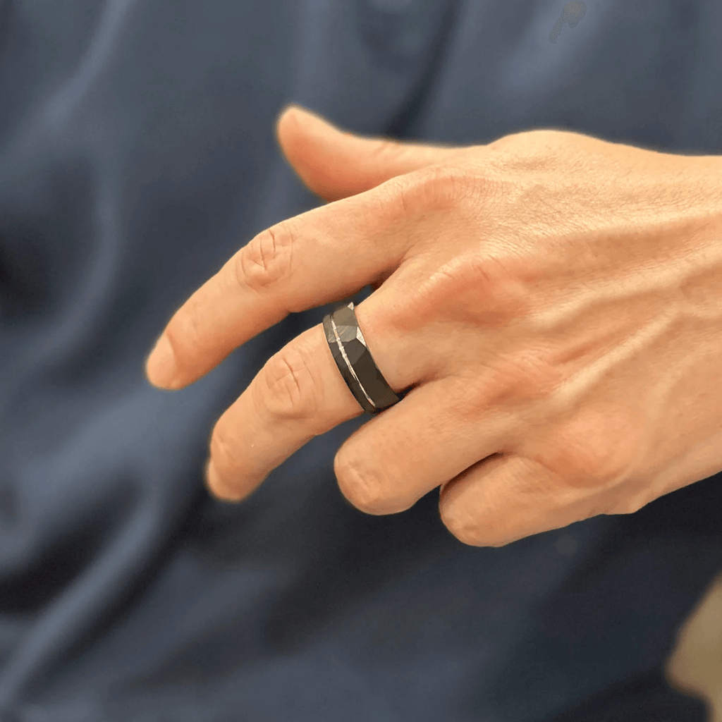 Two-Tone Tungsten Carbide Wedding Band Ring for Men & Women – Black & Silver Inner Band with Recessed Stripe - Jewelry Store by Erik Rayo