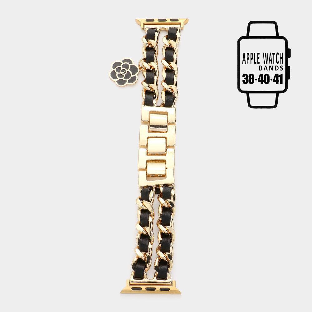Black Enamel Rose Charm Faux Leather Metal Chain Link Apple Watch Band - Jewelry Store by Erik Rayo