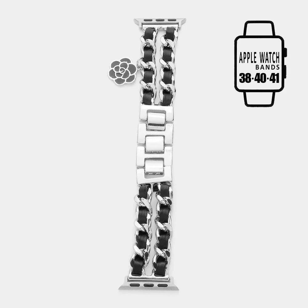 Black Enamel Rose Charm Faux Leather Metal Chain Link Apple Watch Band - Jewelry Store by Erik Rayo