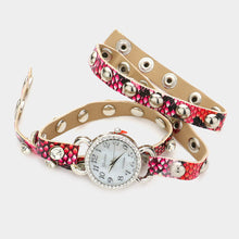 Load image into Gallery viewer, Pink Studded Faux Leather Band Wrap Watch
