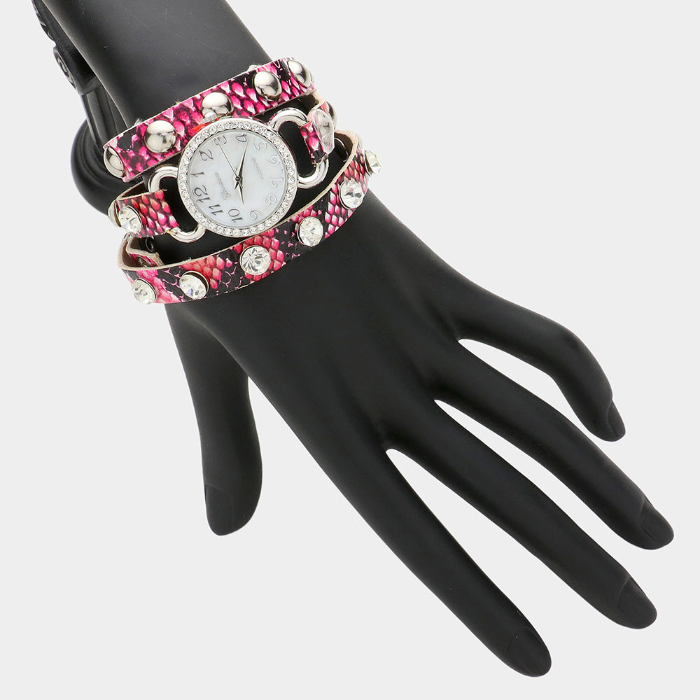 Pink Studded Faux Leather Band Wrap Watch