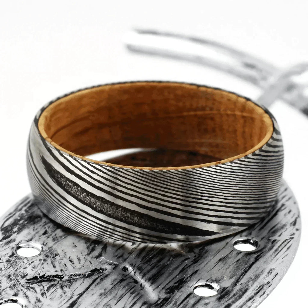 Men’s Black Damascus Steel Wedding Band with Whiskey Barrel Wood Sleeve - Unique Wedding Rings for Men & Women - Jewelry Store by Erik Rayo