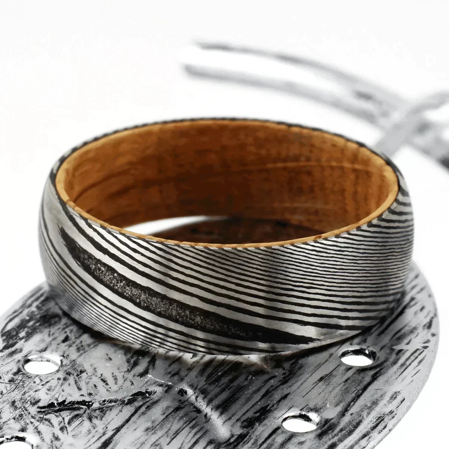 Men’s Black Damascus Steel Wedding Band with Whiskey Barrel Wood Sleeve - Unique Wedding Rings for Men & Women - Jewelry Store by Erik Rayo