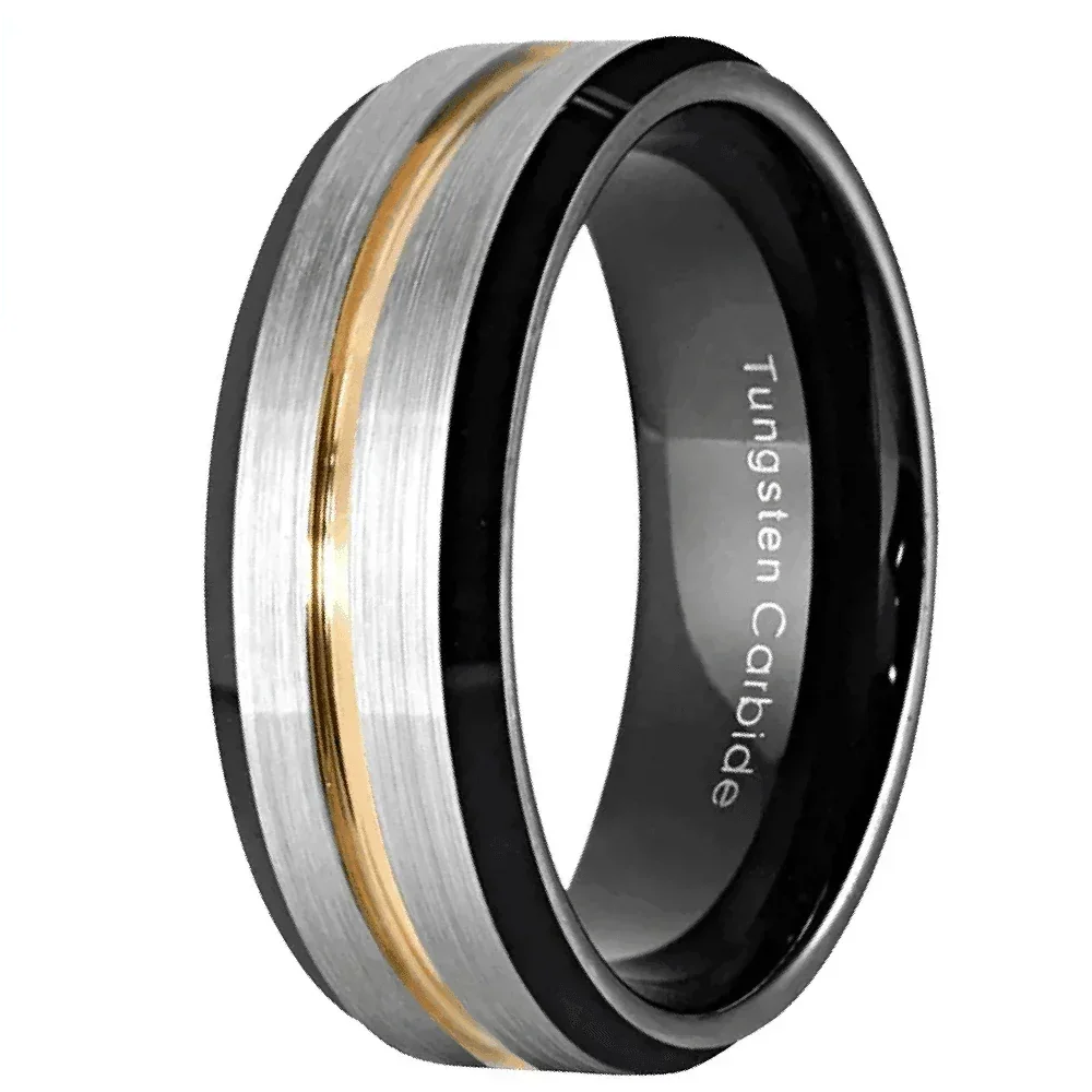 Mens Wedding Band 6mm Silver Brushed Black Edge Gold Line - Unisex Wedding Rings - Jewelry Store by Erik Rayo