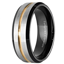 Load image into Gallery viewer, Men&#39;s Wedding Band - Silver Brushed Black Edge with Gold Line - Rings for Men and Women
