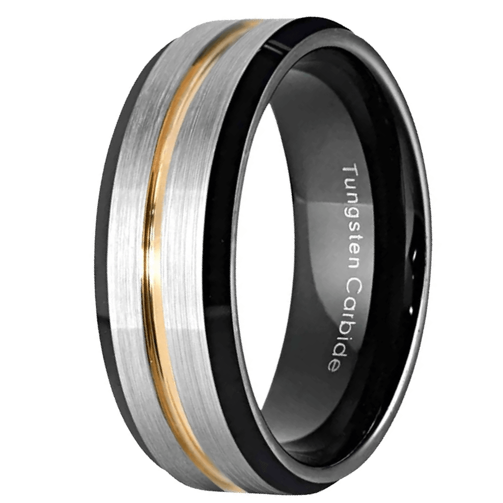 Men's Wedding Band - Silver Brushed Black Edge with Gold Line - Rings for Men and Women