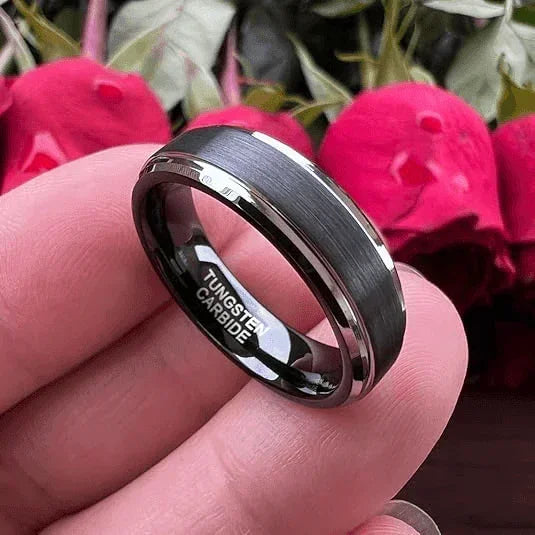 Men's Tungsten Carbide Wedding Band 6mm Black Brushed Silver Edge Stripe - Rings for Men and Women - Jewelry Store by Erik Rayo