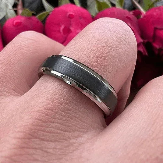 Men's Tungsten Carbide Wedding Band 6mm Black Brushed Silver Edge Stripe - Rings for Men and Women - Jewelry Store by Erik Rayo