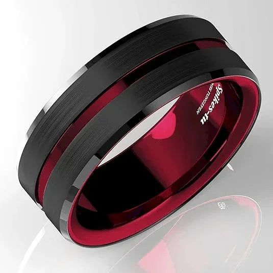 Men's Tungsten Carbide Wedding Band - Black and Red Line Ring for Men - Wedding Rings for Women and Men - Jewelry Store by Erik Rayo