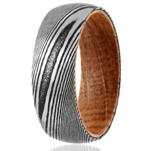 Load image into Gallery viewer, Tungsten Rings for Men Wedding Bands for Him Womens Wedding Bands for Her 8mm Black Damascus Steel with Whiskey Barrel Wood Sleeve Rings
