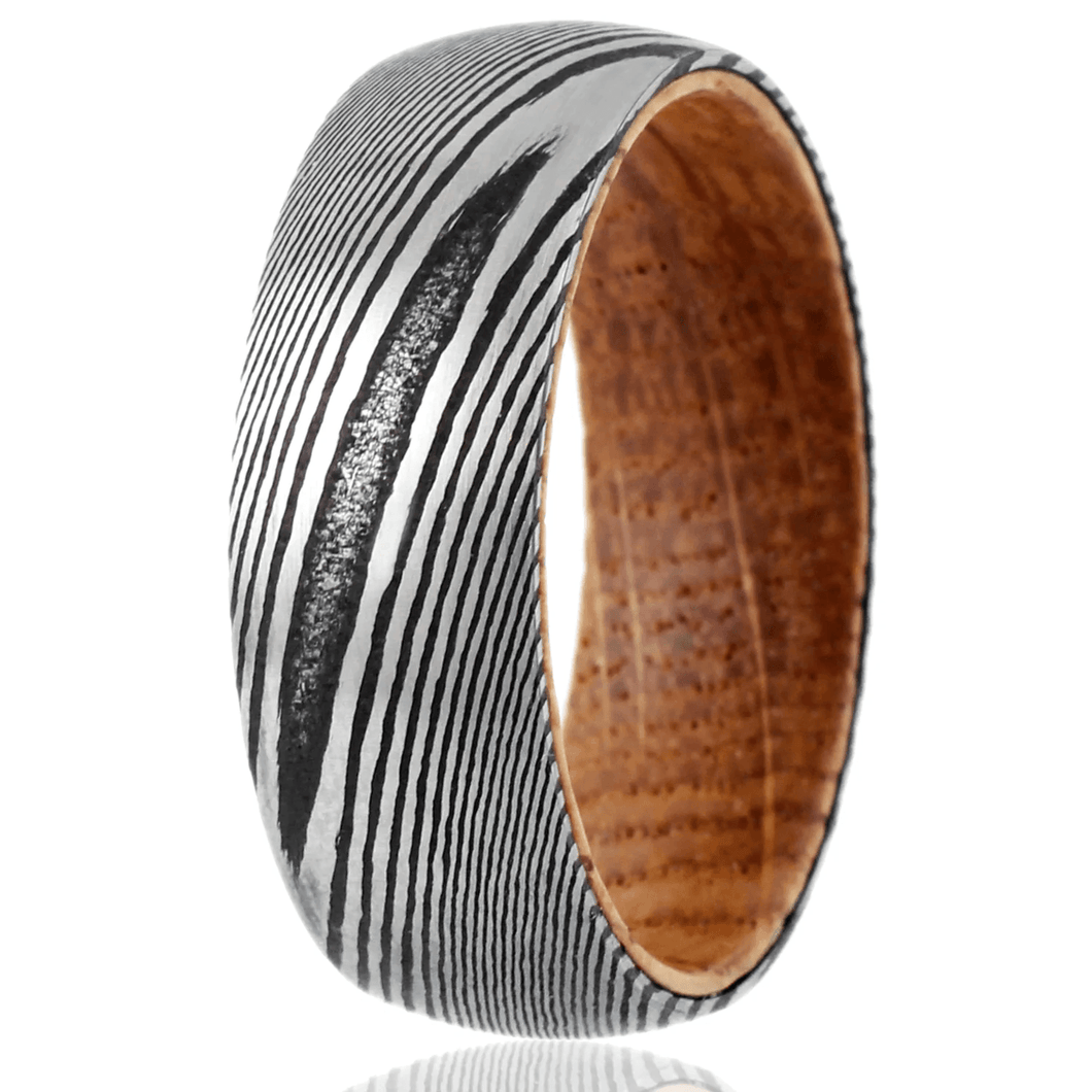 Tungsten Rings for Men Wedding Bands for Him Womens Wedding Bands for Her 8mm Black Damascus Steel with Whiskey Barrel Wood Sleeve Rings