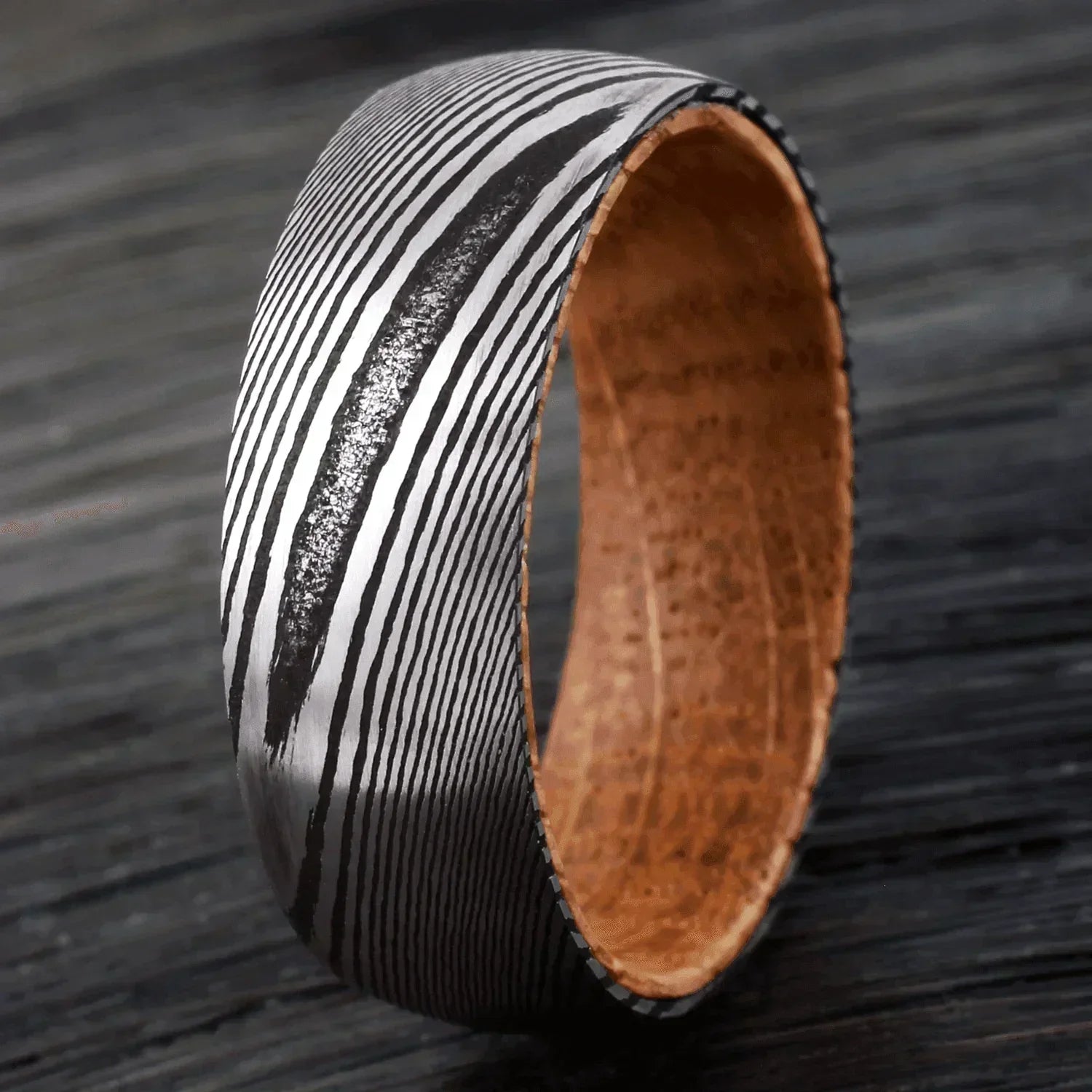 Men’s Black Damascus Steel Wedding Band with Whiskey Barrel Wood Sleeve - Unique Wedding Rings for Men & Women - Jewelry Store by Erik Rayo
