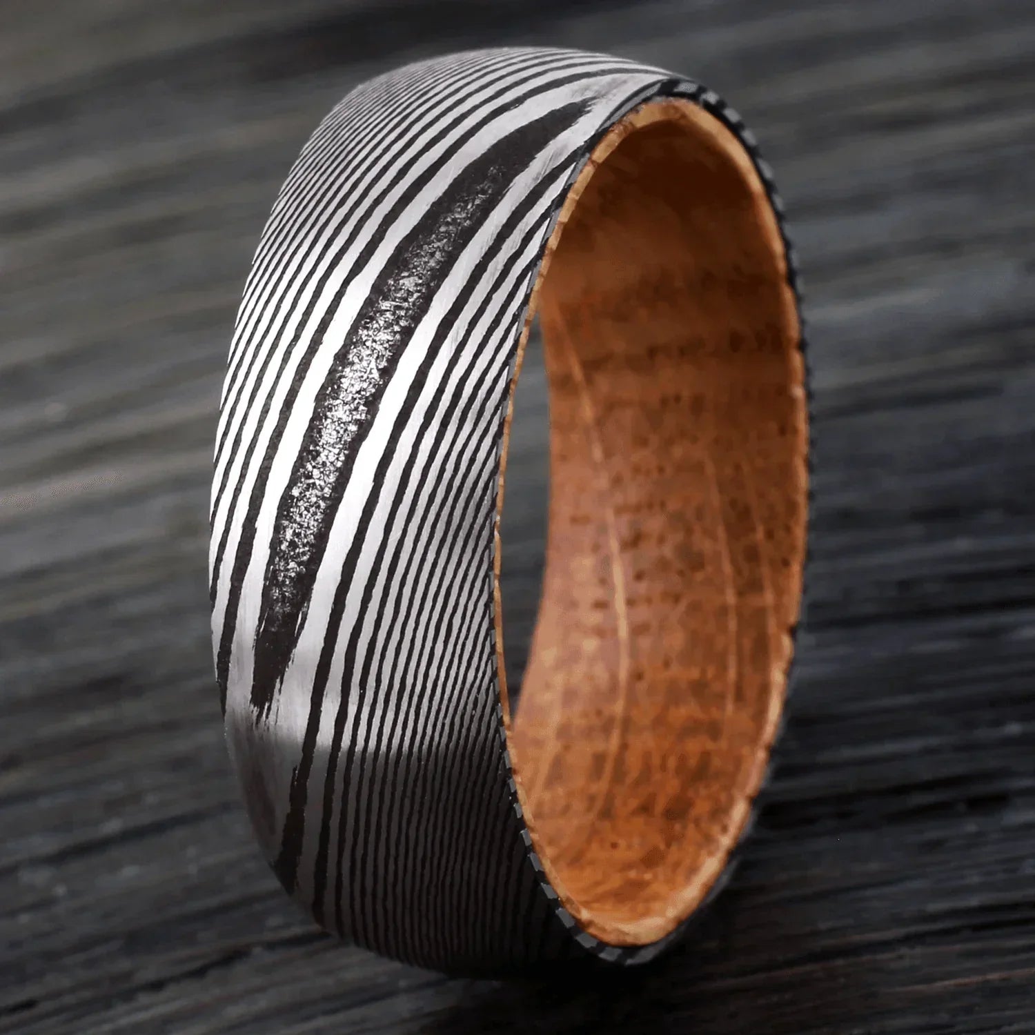 Tungsten Rings for Men Wedding Bands for Him Womens Wedding Bands for Her 8mm Black Damascus Steel with Whiskey Barrel Wood Sleeve Rings - Jewelry Store by Erik Rayo