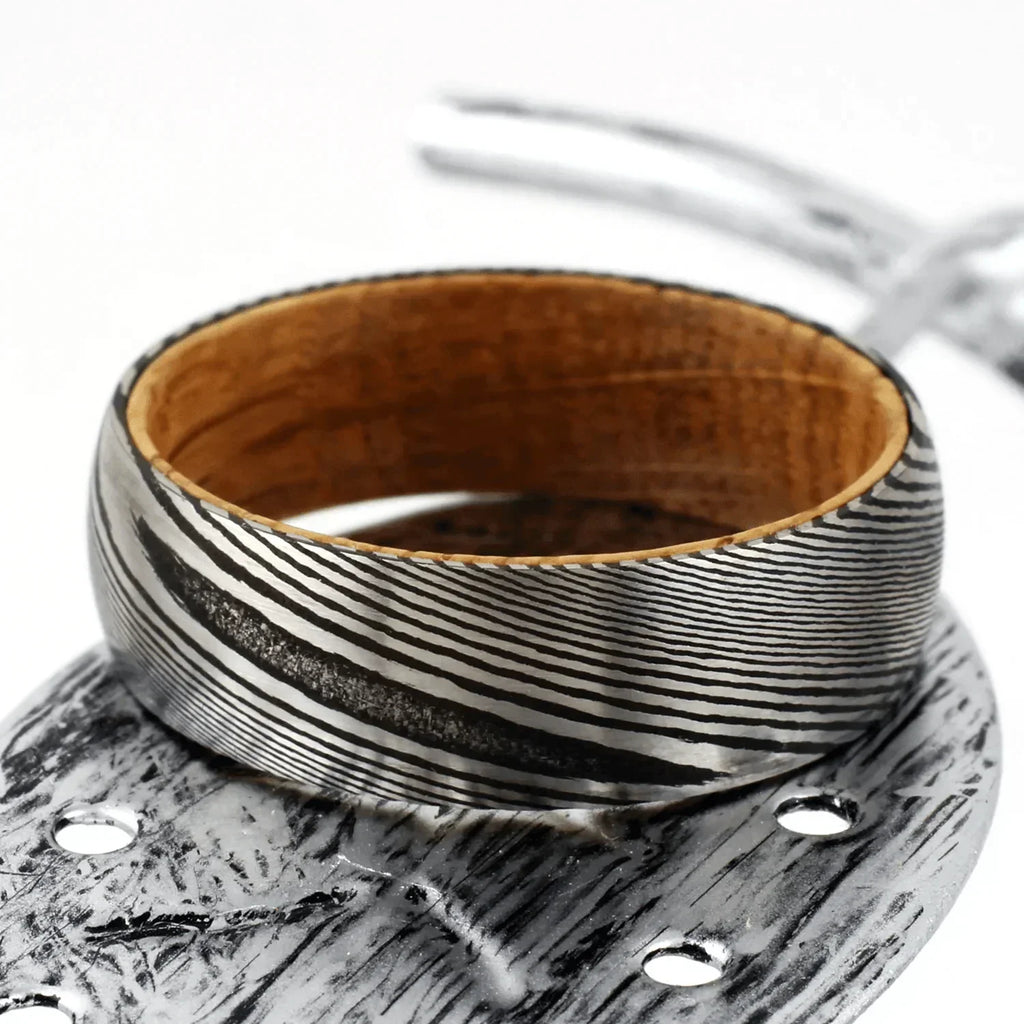 Tungsten Rings for Men Wedding Bands for Him Womens Wedding Bands for Her 8mm Black Damascus Steel with Whiskey Barrel Wood Sleeve Rings - Jewelry Store by Erik Rayo