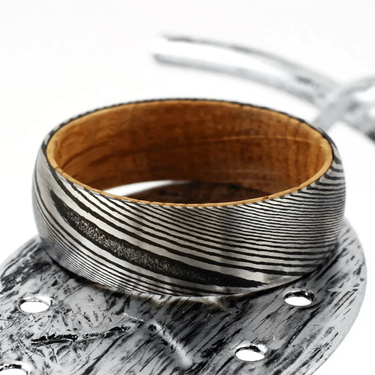 Tungsten Rings for Men Wedding Bands for Him Womens Wedding Bands for Her 8mm Black Damascus Steel with Whiskey Barrel Wood Sleeve Rings - Jewelry Store by Erik Rayo