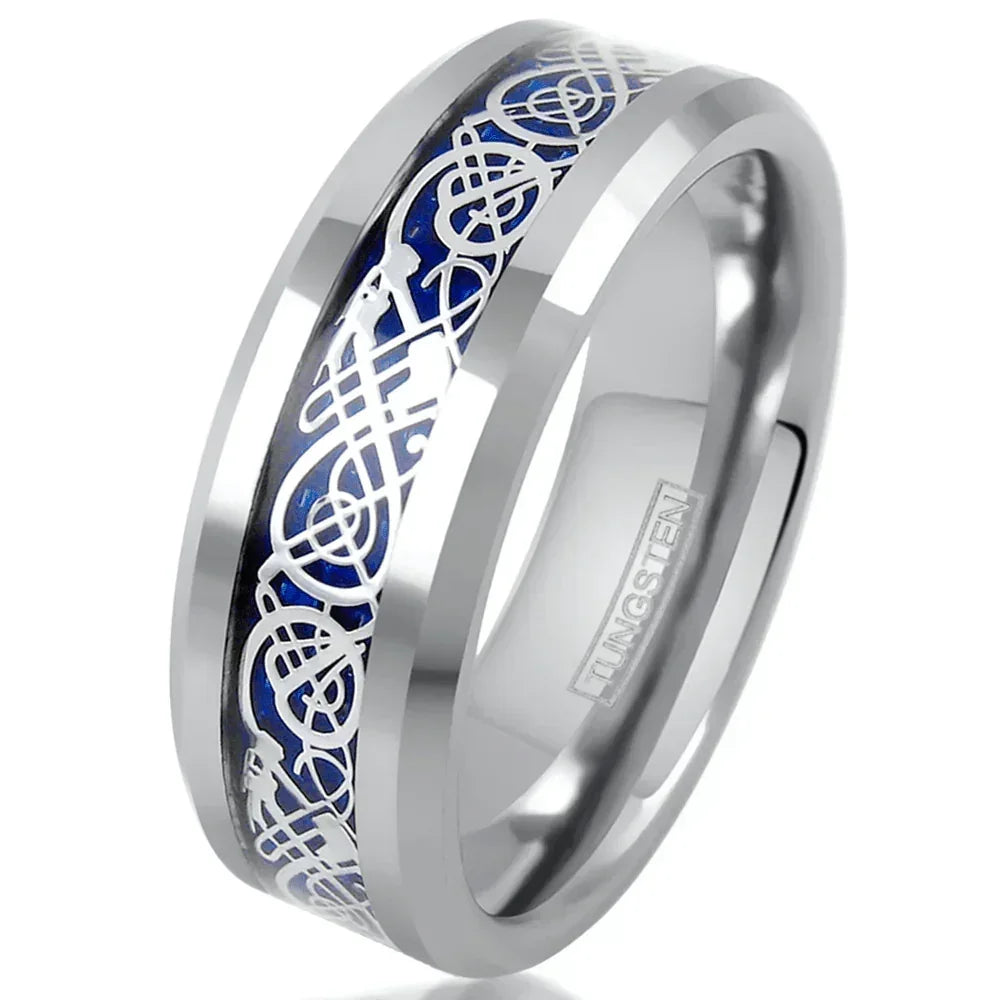 6mm Silver on Blue Celtic Dragon Wedding Band Ring for Men and Women - Jewelry Store by Erik Rayo