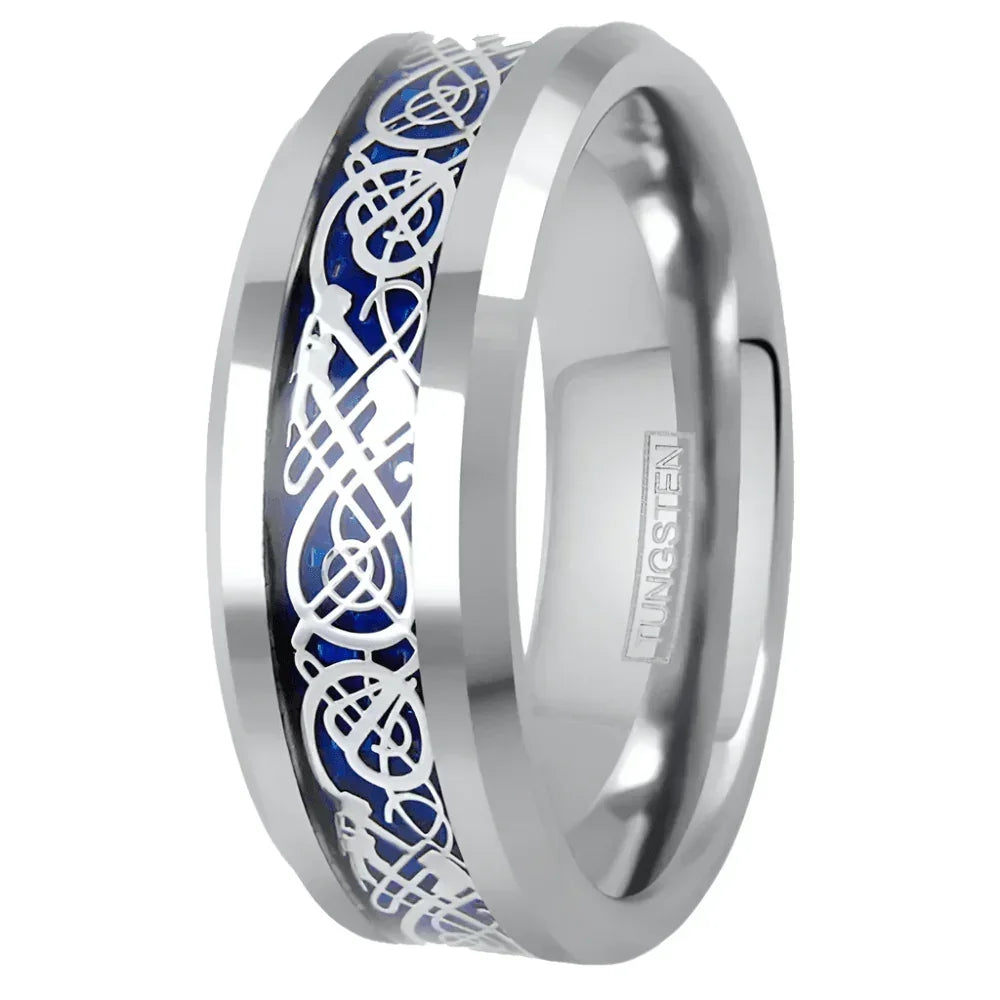 6mm Silver on Blue Celtic Dragon Wedding Band Ring for Men and Women - Jewelry Store by Erik Rayo