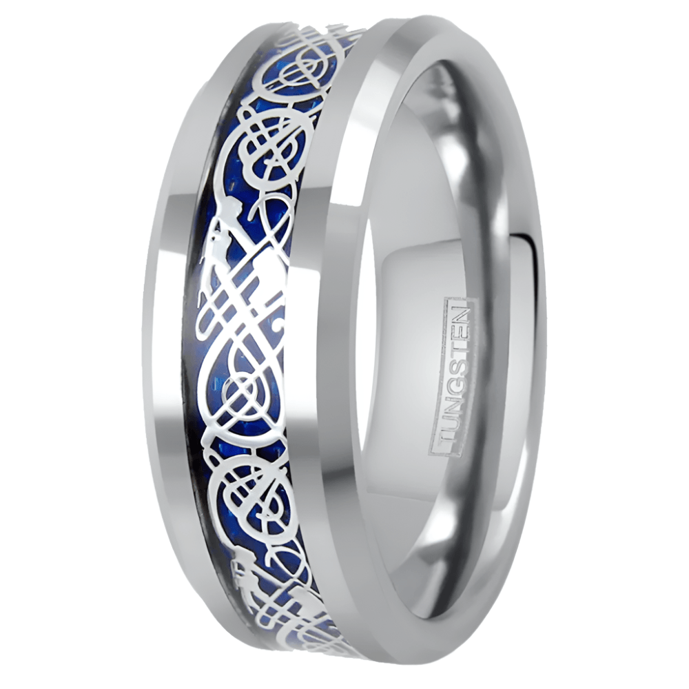 Men's Wedding Band 6mm Silver on Blue Celtic Dragon Ring for Men and Women