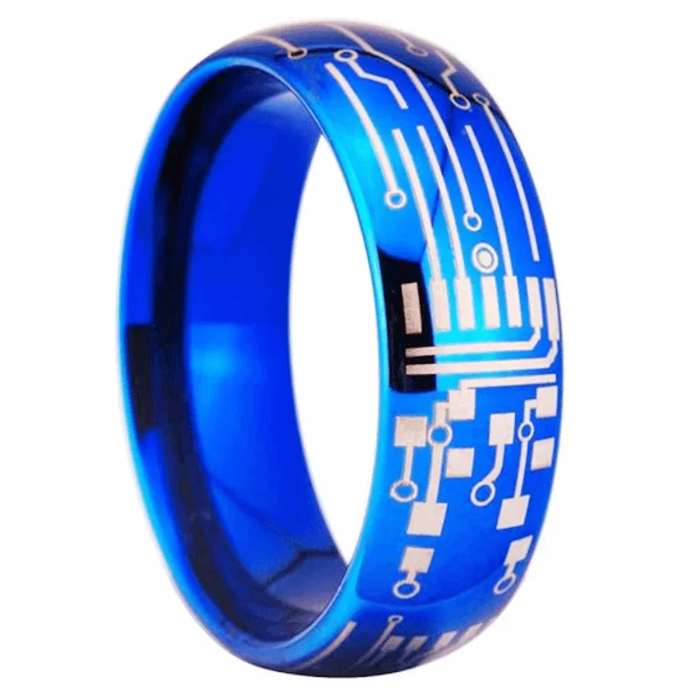 Men's Tungsten Carbide Wedding Band - Dome Brushed Blue Laser Circuit Board Ring for Men and Women - Jewelry Store by Erik Rayo
