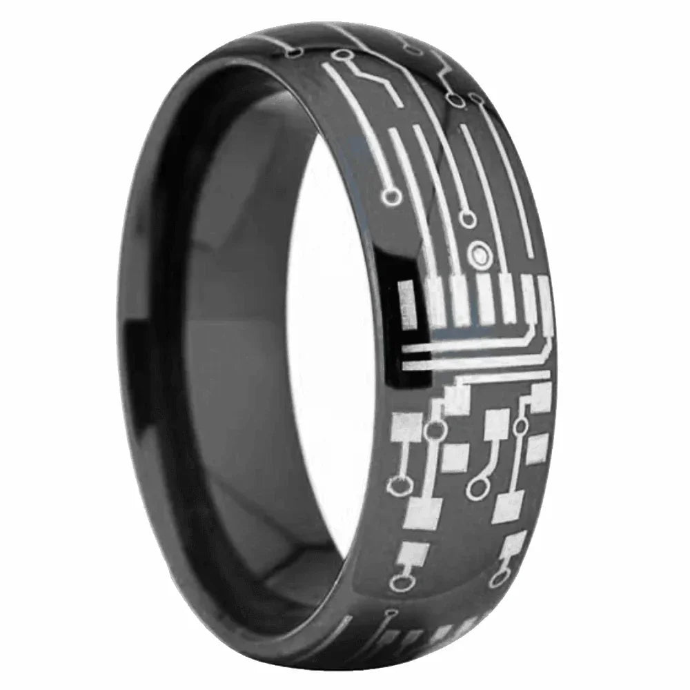 Men's Tungsten Carbide Wedding Band - Dome Brushed Black Laser Circuit Board Ring for Men and Women - Jewelry Store by Erik Rayo