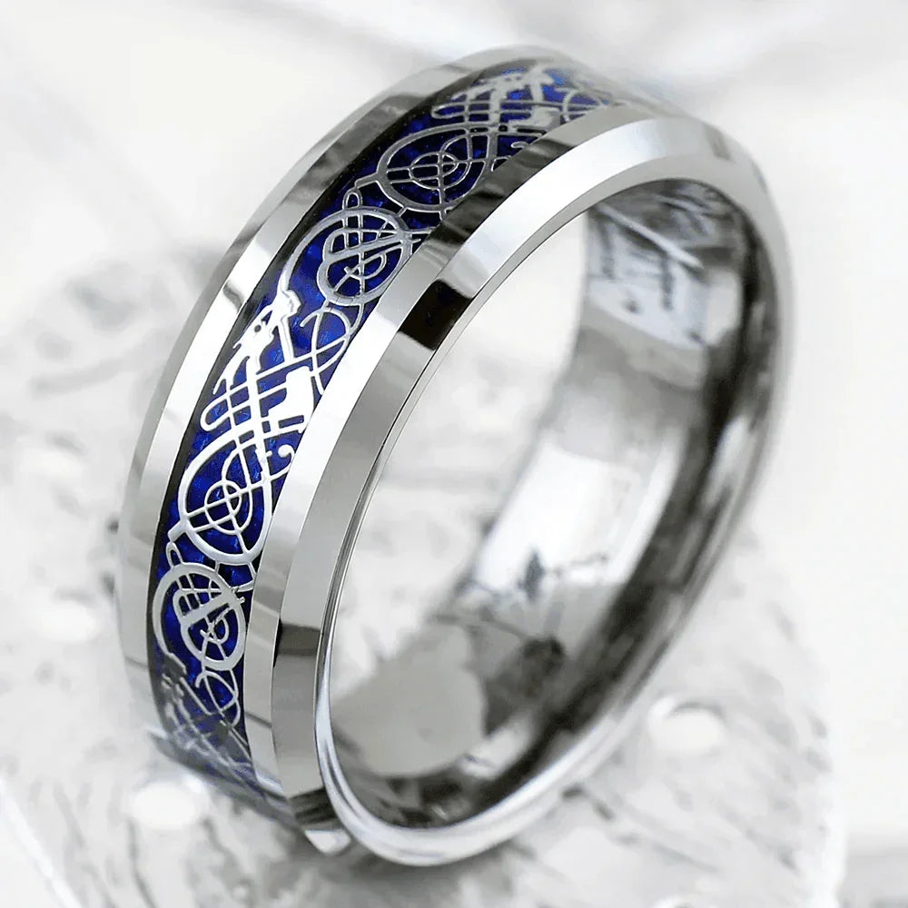 6mm Silver on Blue Celtic Dragon Wedding Band Ring for Men and Women - Jewelry Store by Erik Rayo