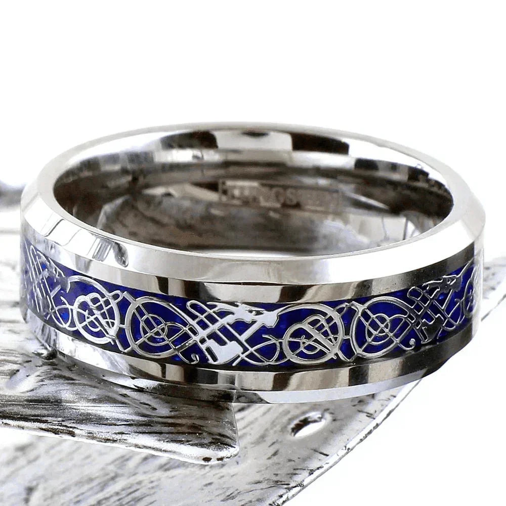 6mm Silver on Blue Celtic Dragon Wedding Band Ring for Men and Women - Jewelry Store by Erik Rayo