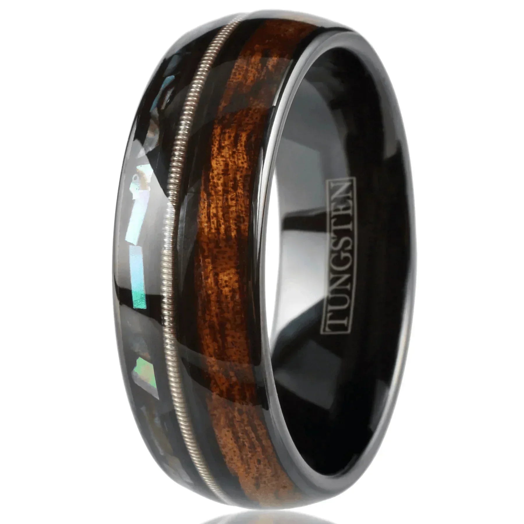Men's Wedding Band Ring - Black Koa Wood Abalone Guitar String - Wedding Rings for Men and Women - Jewelry Store by Erik Rayo