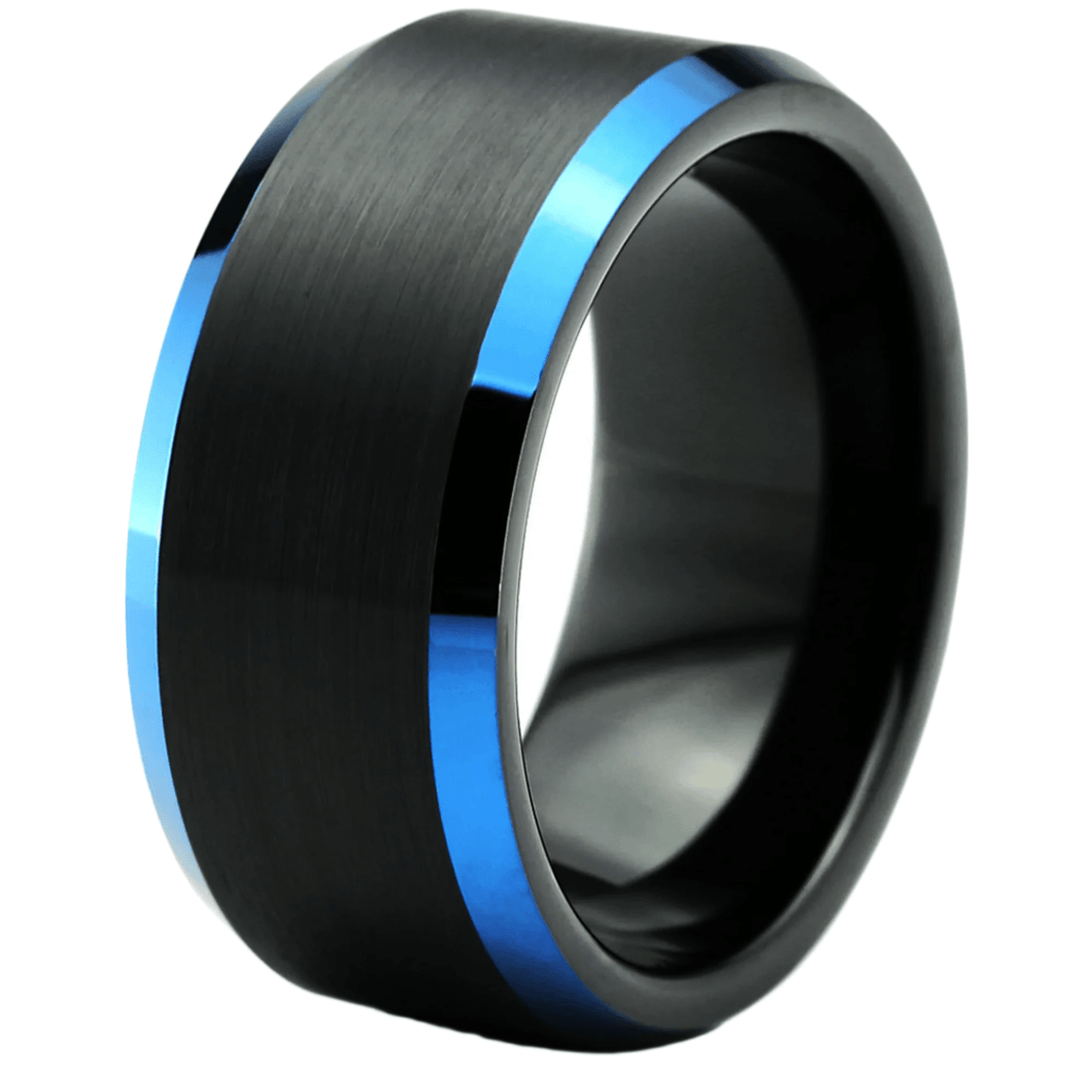 Men's Wedding Band - Black Brushed with Blue Edge - Rings for Men and Women