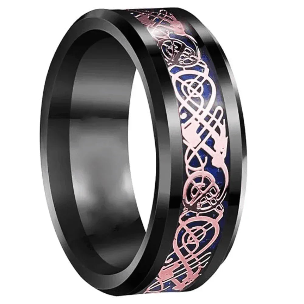 Men’s Wedding Band Ring - Rose Gold Celtic Dragon with Blue Carbon Fiber - Unisex Wedding Rings - Jewelry Store by Erik Rayo