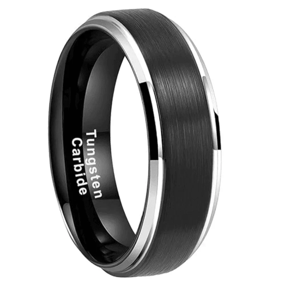 Men's Tungsten Carbide Wedding Band 6mm Black Brushed Silver Edge Stripe - Rings for Men and Women - Jewelry Store by Erik Rayo