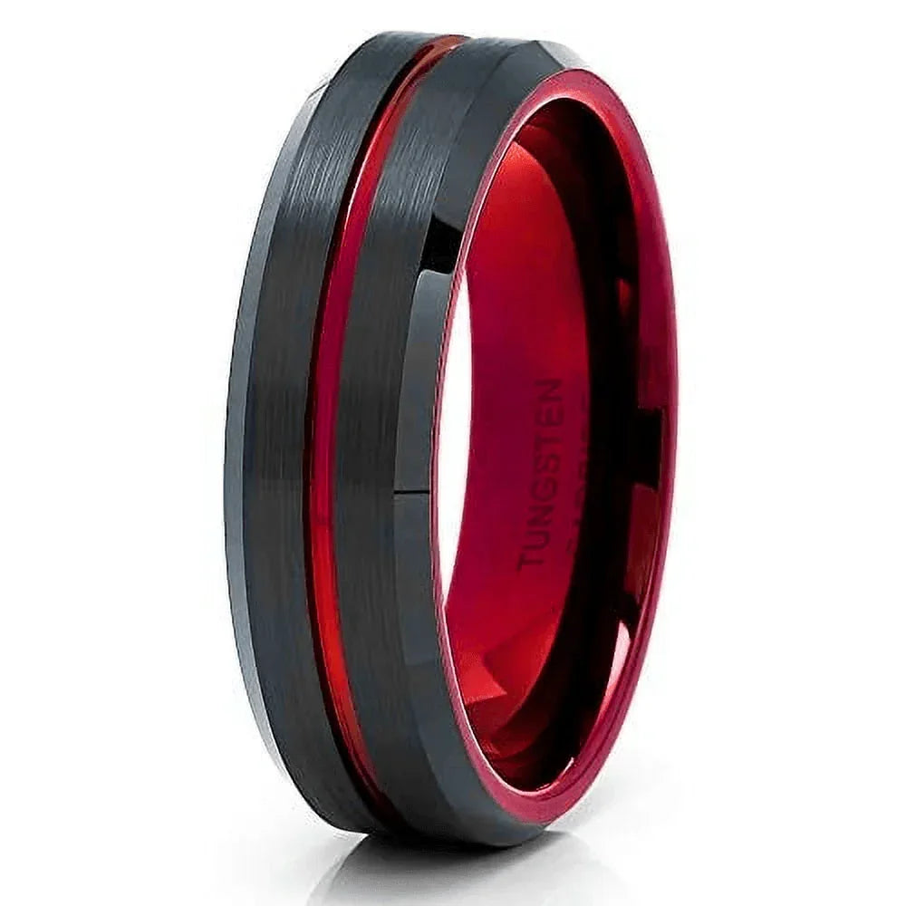 6mm Black Red Line Tungsten Carbide Men's Wedding Band Ring - Perfect for Men and Women - Jewelry Store by Erik Rayo