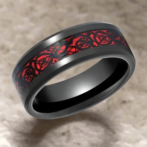 Men's Tungsten Carbide Wedding Band Ring 6mm Red Celtic Dragon Black Carbon Fiber for Men and Women - Jewelry Store by Erik Rayo