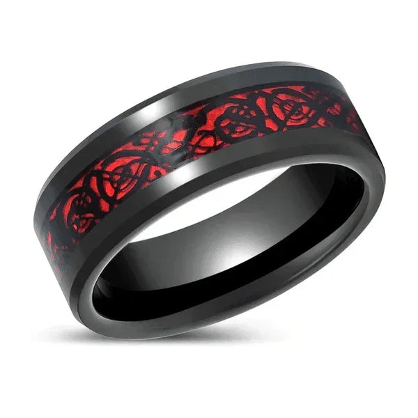 Men's Tungsten Carbide Wedding Band Ring 6mm Red Celtic Dragon Black Carbon Fiber for Men and Women - Jewelry Store by Erik Rayo
