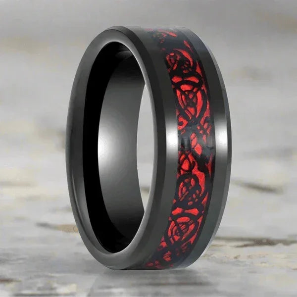 Men's Tungsten Carbide Wedding Band Ring 6mm Red Celtic Dragon Black Carbon Fiber for Men and Women - Jewelry Store by Erik Rayo