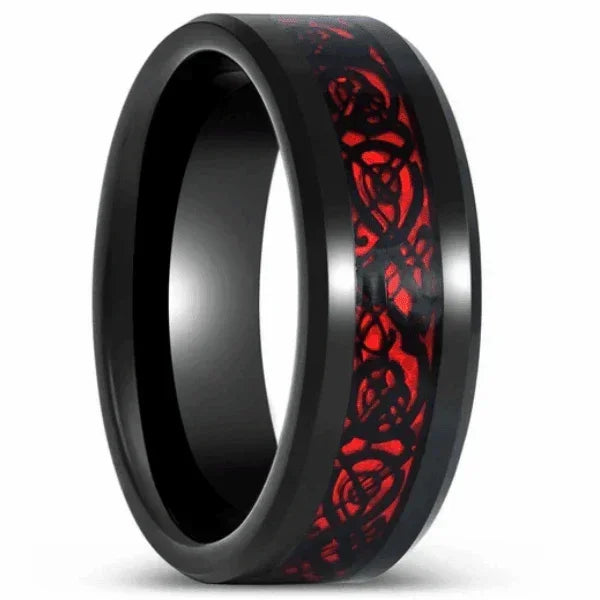 Men's Tungsten Carbide Wedding Band Ring 6mm Red Celtic Dragon Black Carbon Fiber for Men and Women - Jewelry Store by Erik Rayo