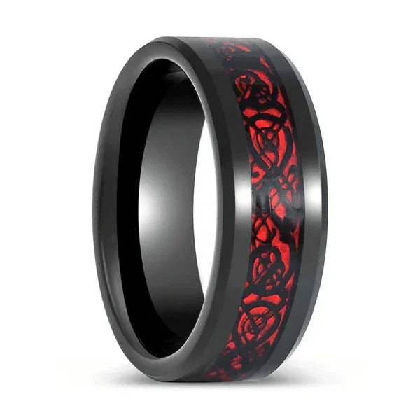 Men's Tungsten Carbide Wedding Band Ring 6mm Red Celtic Dragon Black Carbon Fiber for Men and Women - Jewelry Store by Erik Rayo