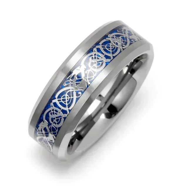 6mm Silver on Blue Celtic Dragon Wedding Band Ring for Men and Women - Jewelry Store by Erik Rayo