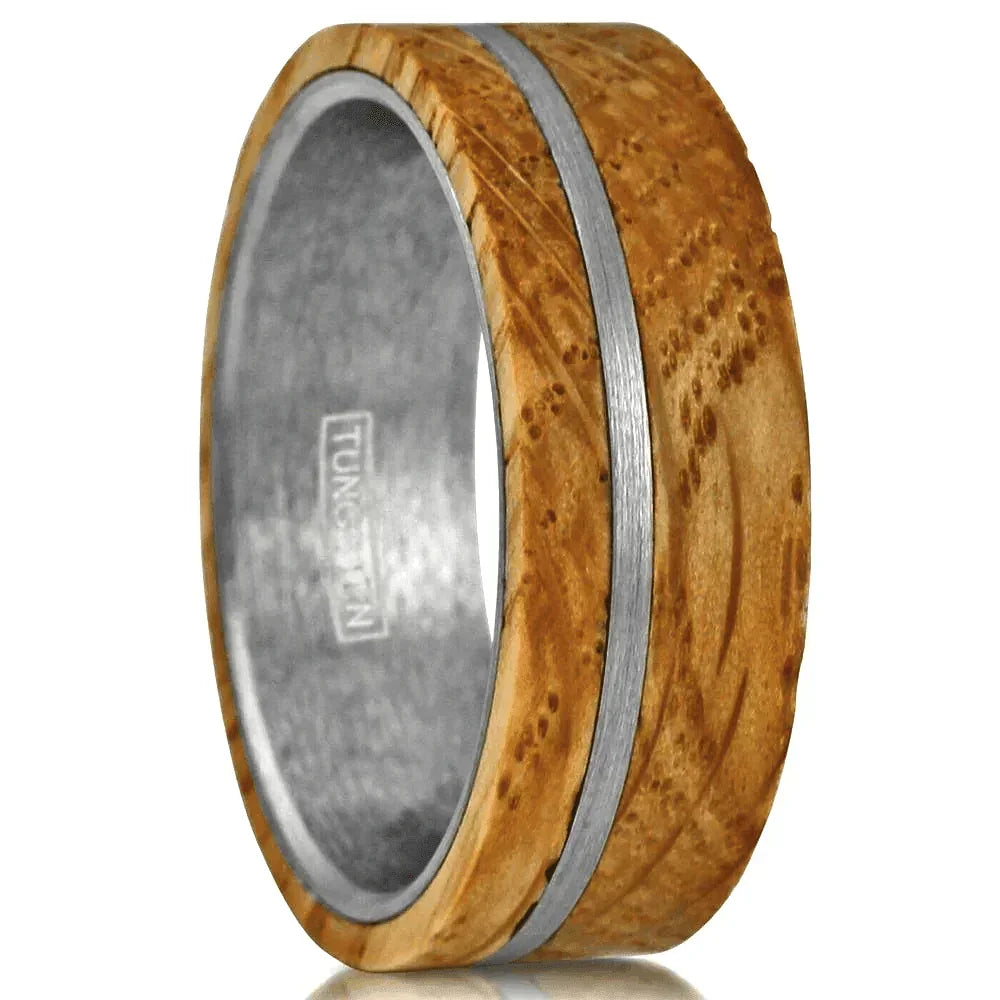 Men's Wedding Band Rings with Whiskey Barrel Wood and Brushed Stripe - Perfect for Weddings and Special Occasions - Jewelry Store by Erik Rayo