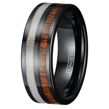 Load image into Gallery viewer, Tungsten Rings for Men Wedding Bands for Him Womens Wedding Bands for Her 8mm Black Antler and Koa Wood Inlay
