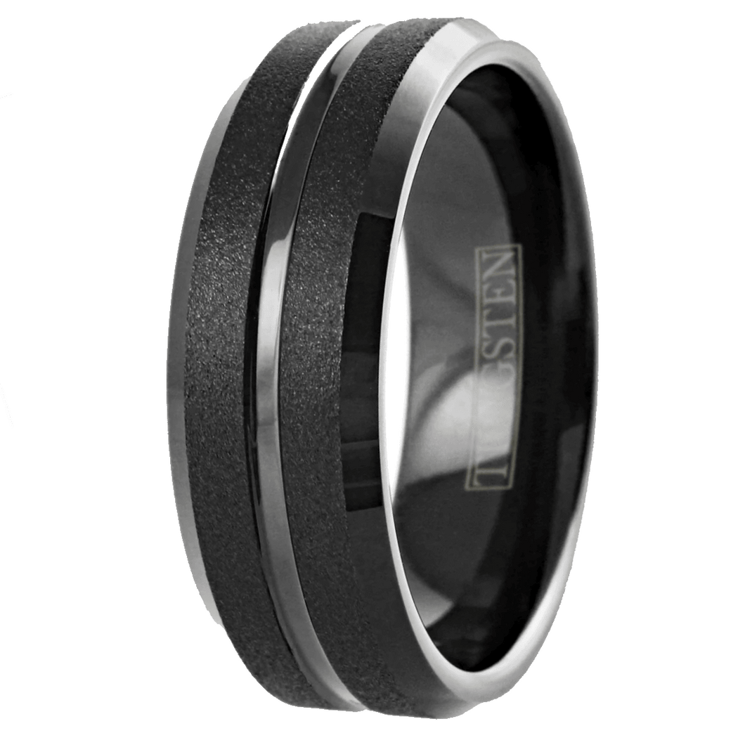 Men's Wedding Band Rings - Black Sand Blast Finish with Center Groove - Wedding Rings for Men and Women