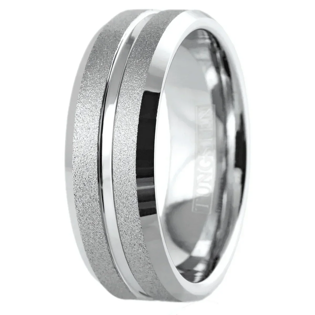 Men's Wedding Band Ring - Silver Sand Blast Finish with Center Groove - Wedding Rings for Men and Women - Jewelry Store by Erik Rayo