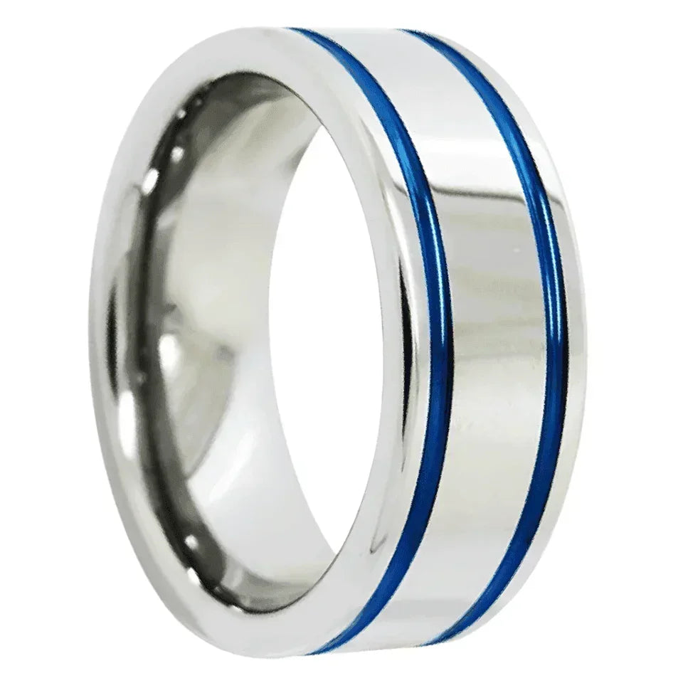 Men's Wedding Band Rings - Blue Grooved Lines - Wedding Rings for Men and Women - Jewelry Store by Erik Rayo