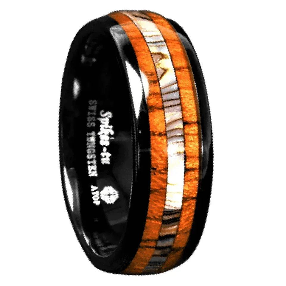 Tungsten Rings for Men Wedding Bands for Him Womens Wedding Bands for Her 8mm Black Koa Wood Abalone - Jewelry Store by Erik Rayo