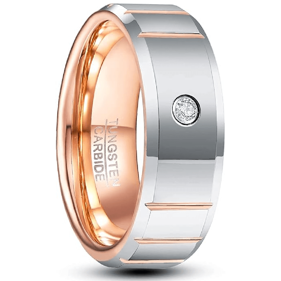 Tungsten Rings for Men Wedding Bands for Him Womens Wedding Bands for Her 8mm Brushed Silver Rose Gold Diamond