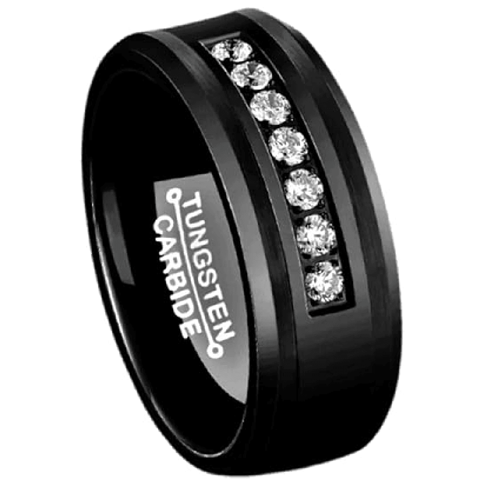 Men's Wedding Band Rings - Black Diamond Inlay Comfort Fit - Wedding Rings for Men and Women