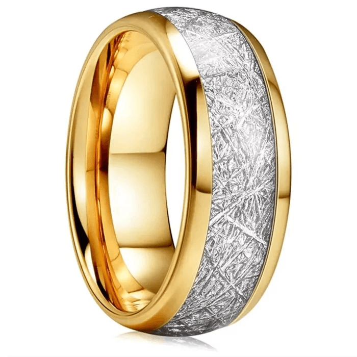 Tungsten Rings for Men Wedding Bands for Him Womens Wedding Bands for Her 8mm 18k Gold Dome Fine Silver Inlay