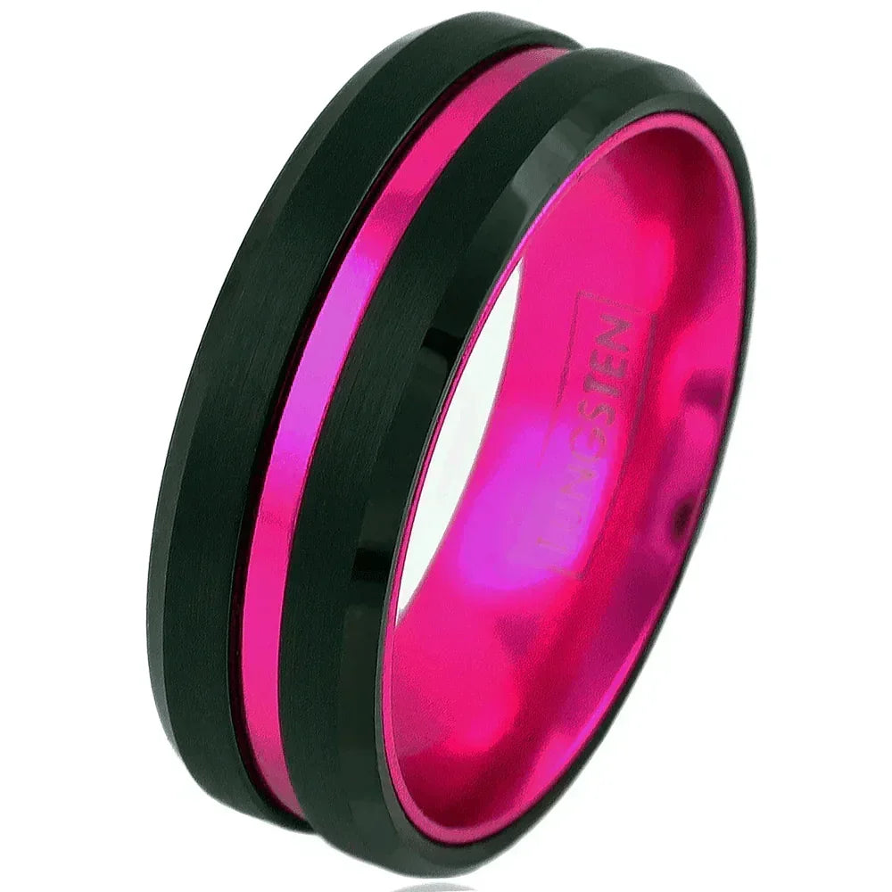 6mm Black Tungsten Carbide Wedding Band Ring for Men & Women – Pink Line Stripe Design - Jewelry Store by Erik Rayo