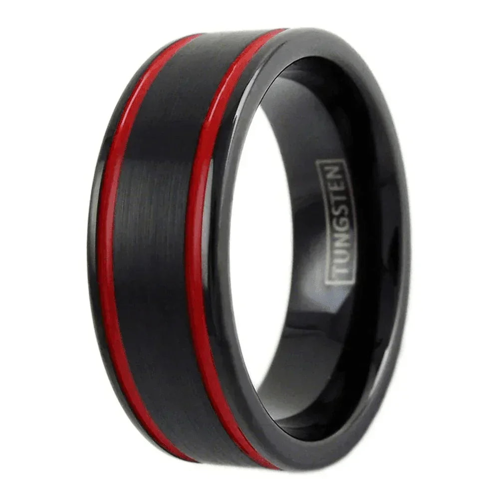 Men's Wedding Band Rings with Double Red Racing Stripes - Wedding Rings for Men and Women - Jewelry Store by Erik Rayo
