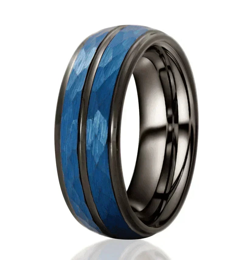 Men’s Wedding Band Rings - Black Blue Brushed Crystal Design - Wedding Rings for Men & Women - Jewelry Store by Erik Rayo